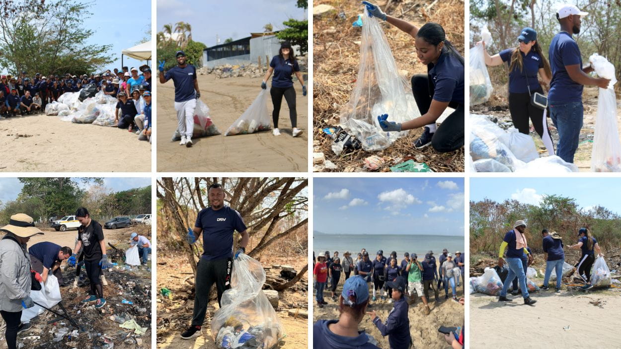 Collage de fotos de equipo DSV Air & Sea y Solutions durante limpieza de la playa Veracruz en Panamá.